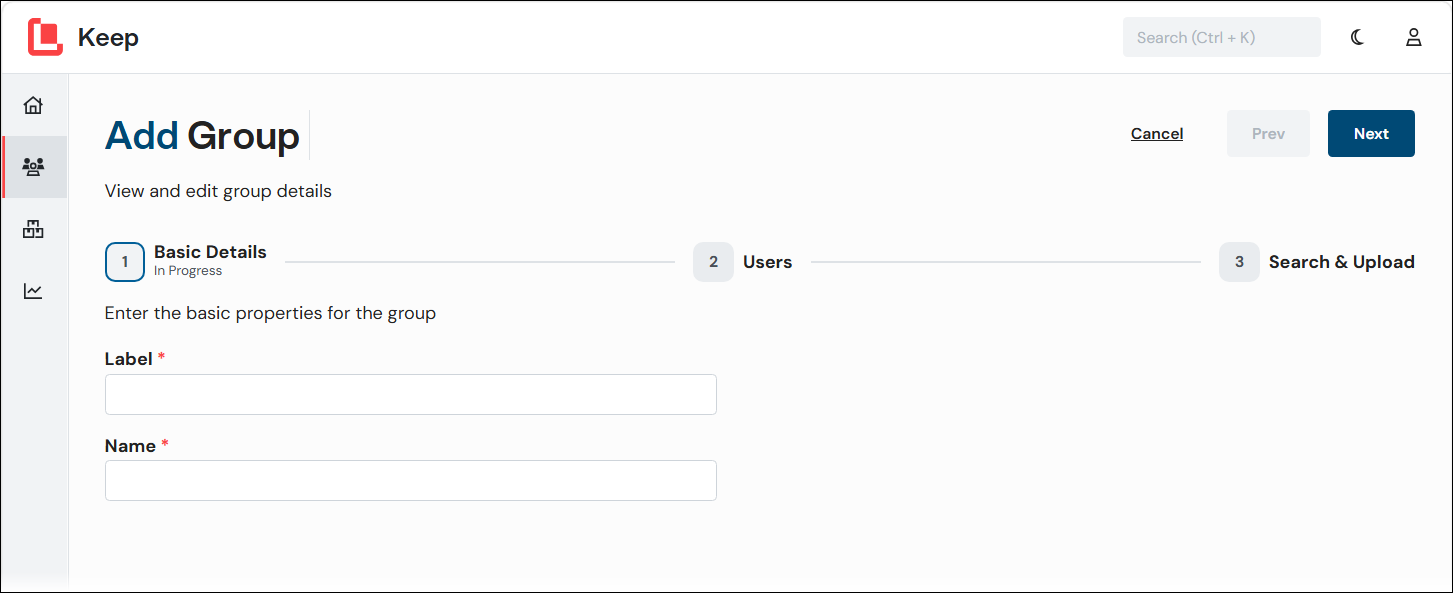 The Basic Details page of the Add Group process in Keep.
